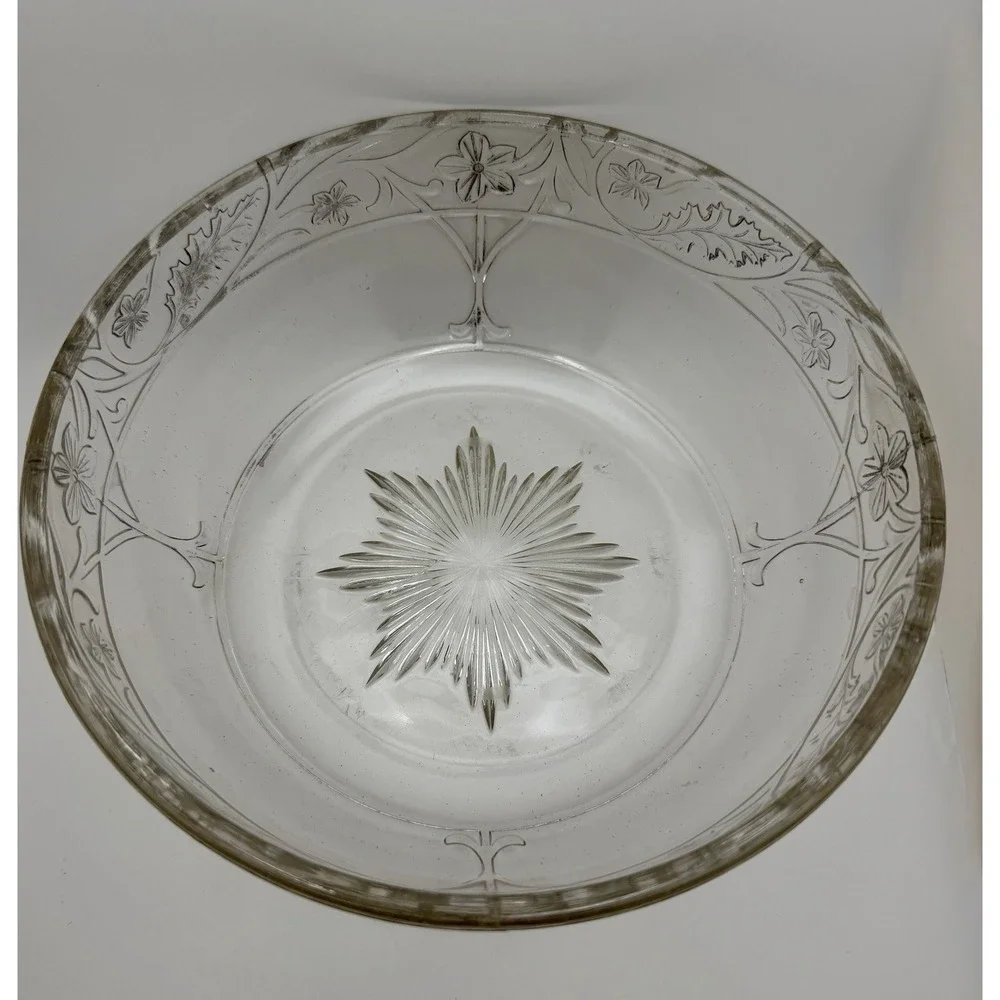 VTG Manganese Clear Pressed Glass Bowl Floral Vine Starburst Base UV Glow 9.5